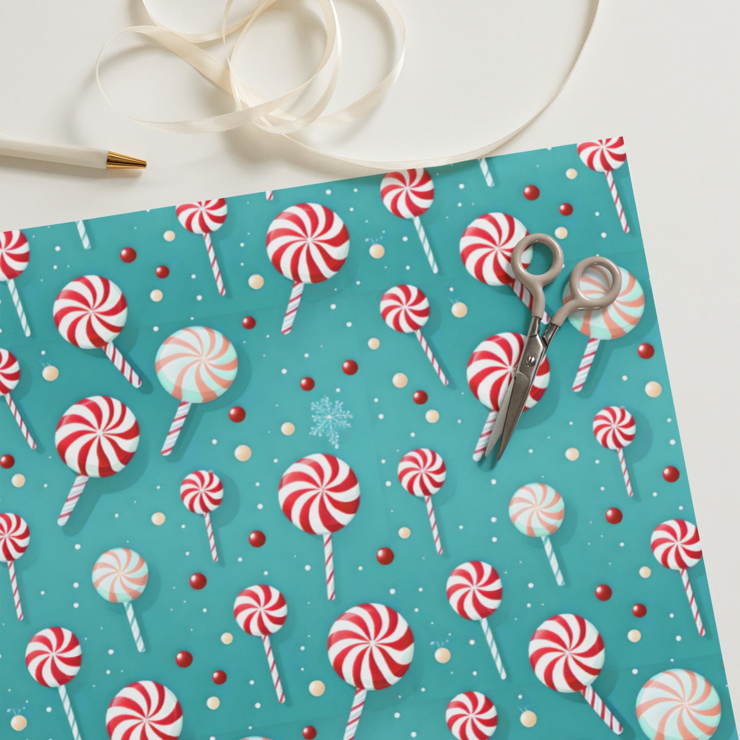 Christmas Wrapping Paper Sheets, Snowmen, Peppermint Candies and Teddy Bears 3 Piece Set
