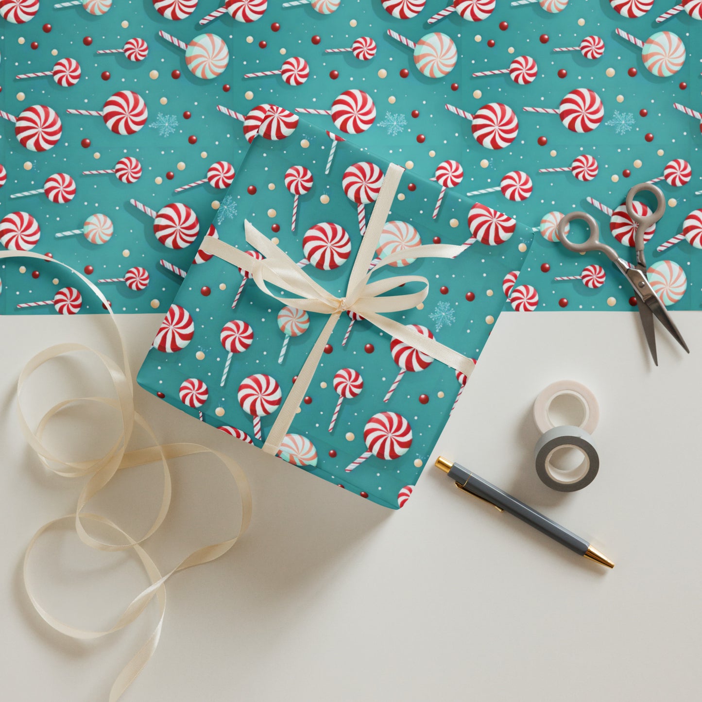 Christmas Wrapping Paper Sheets, Snowmen, Peppermint Candies and Teddy Bears 3 Piece Set