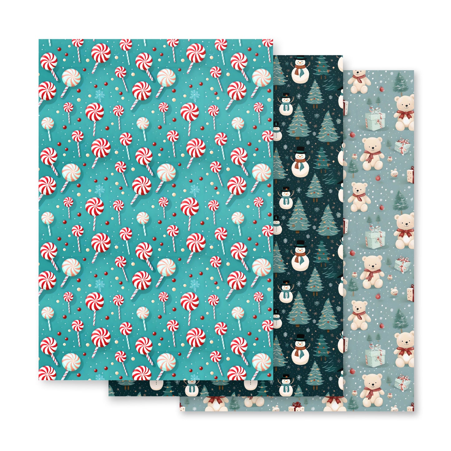Christmas Wrapping Paper Sheets, Snowmen, Peppermint Candies and Teddy Bears 3 Piece Set