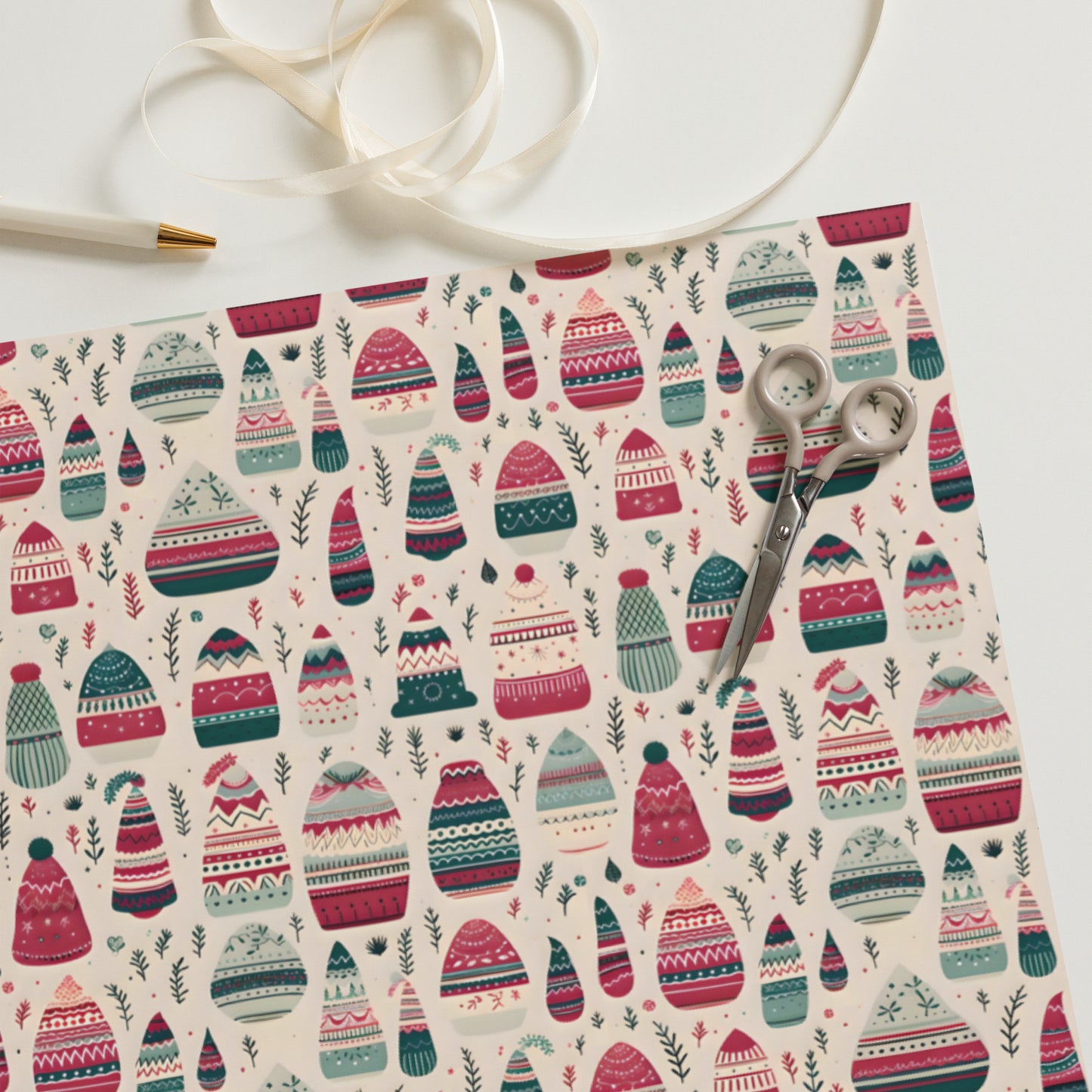 Winter Whimsy Hats - Stockings - Leaves Wrapping Paper Sheets