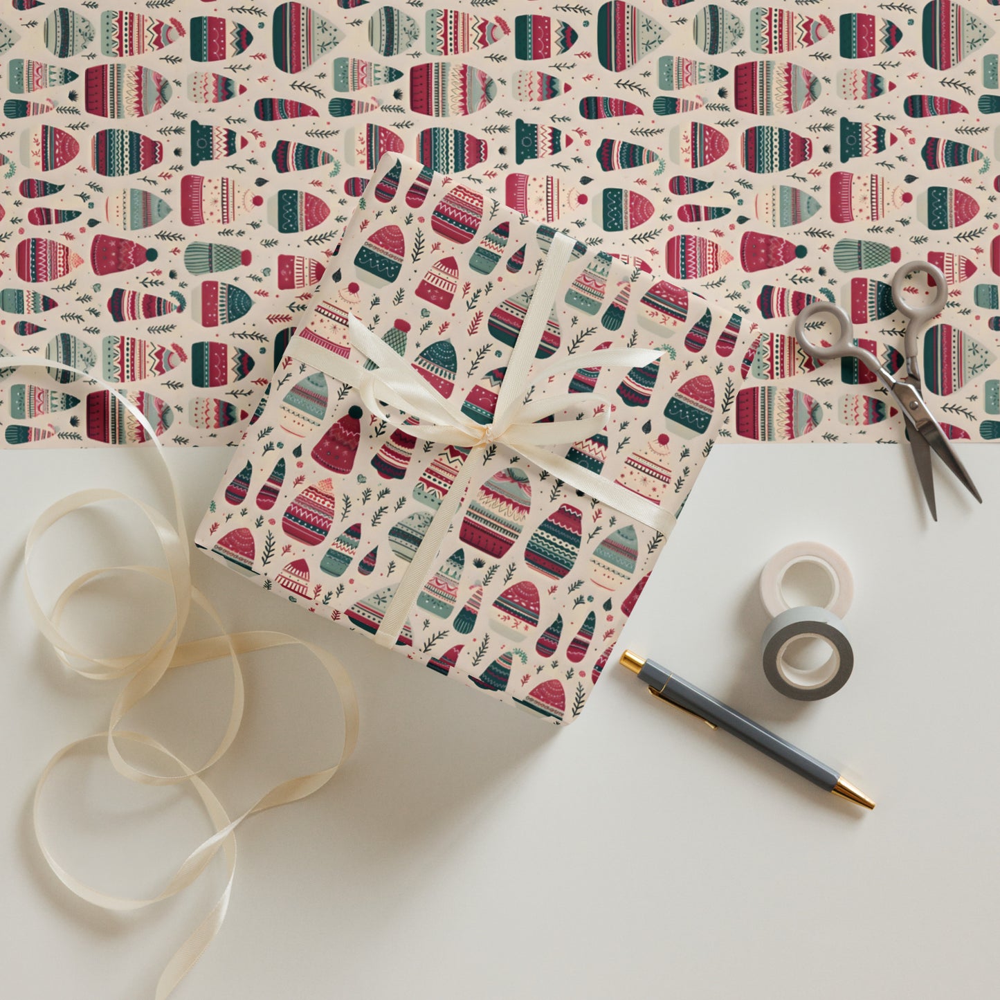 Winter Whimsy Hats - Stockings - Leaves Wrapping Paper Sheets