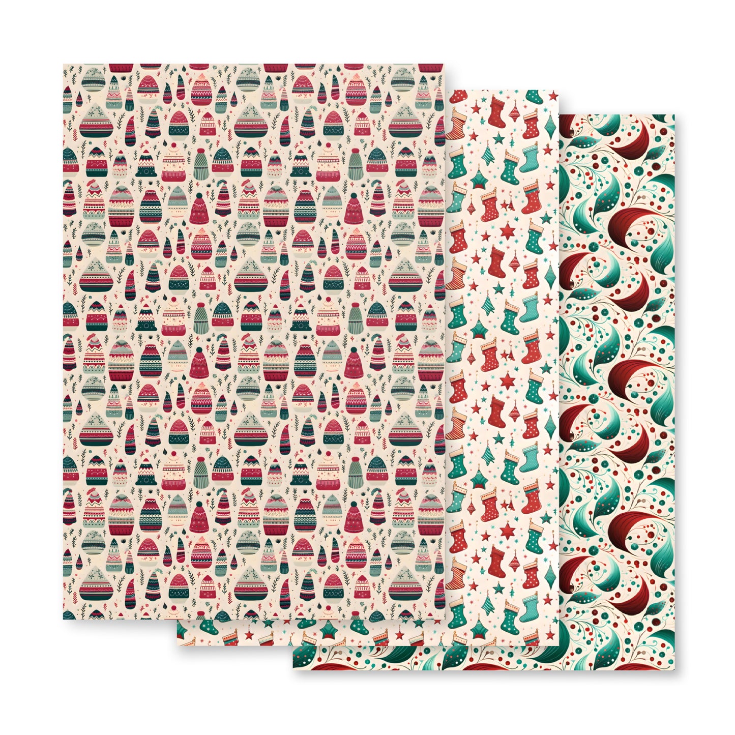 Winter Whimsy Hats - Stockings - Leaves Wrapping Paper Sheets