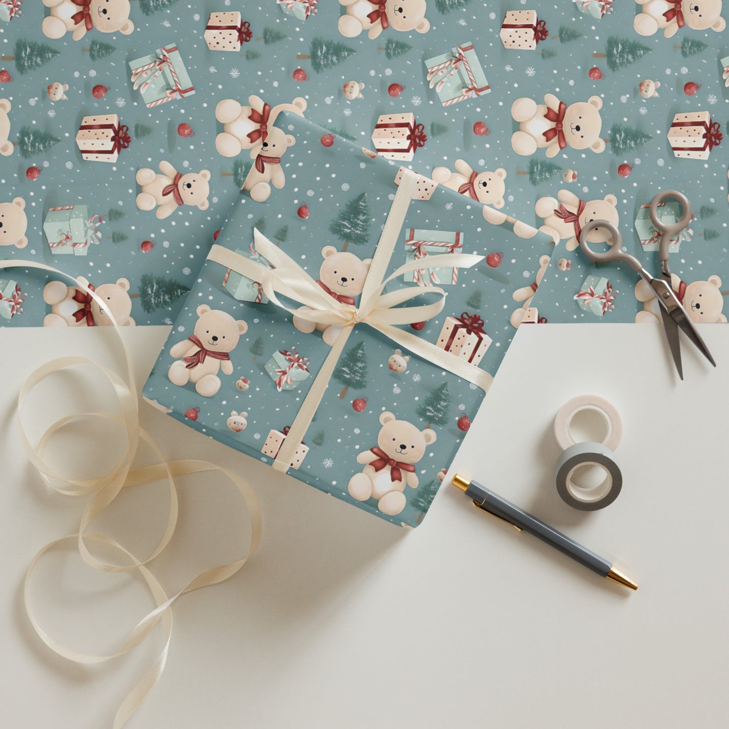 Christmas Wrapping Paper Sheets, Snowmen, Peppermint Candies and Teddy Bears 3 Piece Set
