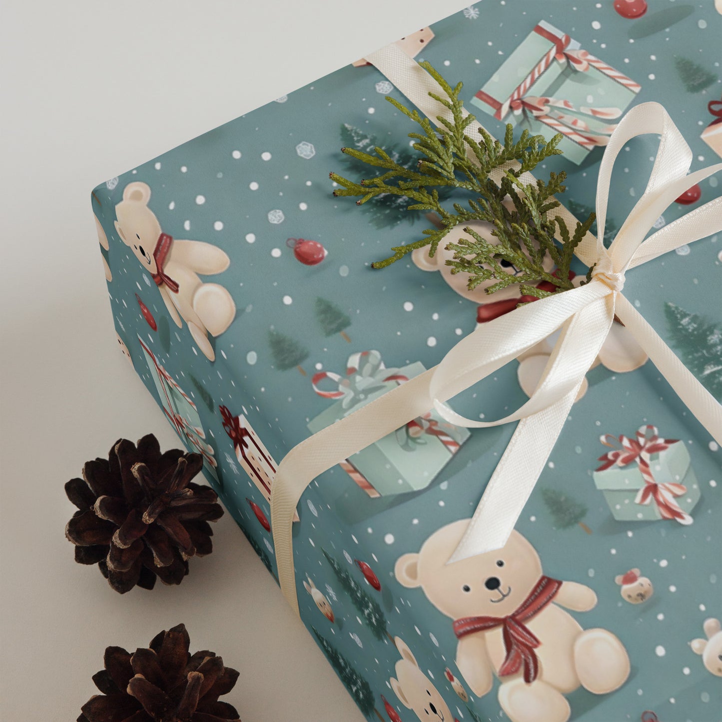 Christmas Wrapping Paper Sheets, Snowmen, Peppermint Candies and Teddy Bears 3 Piece Set