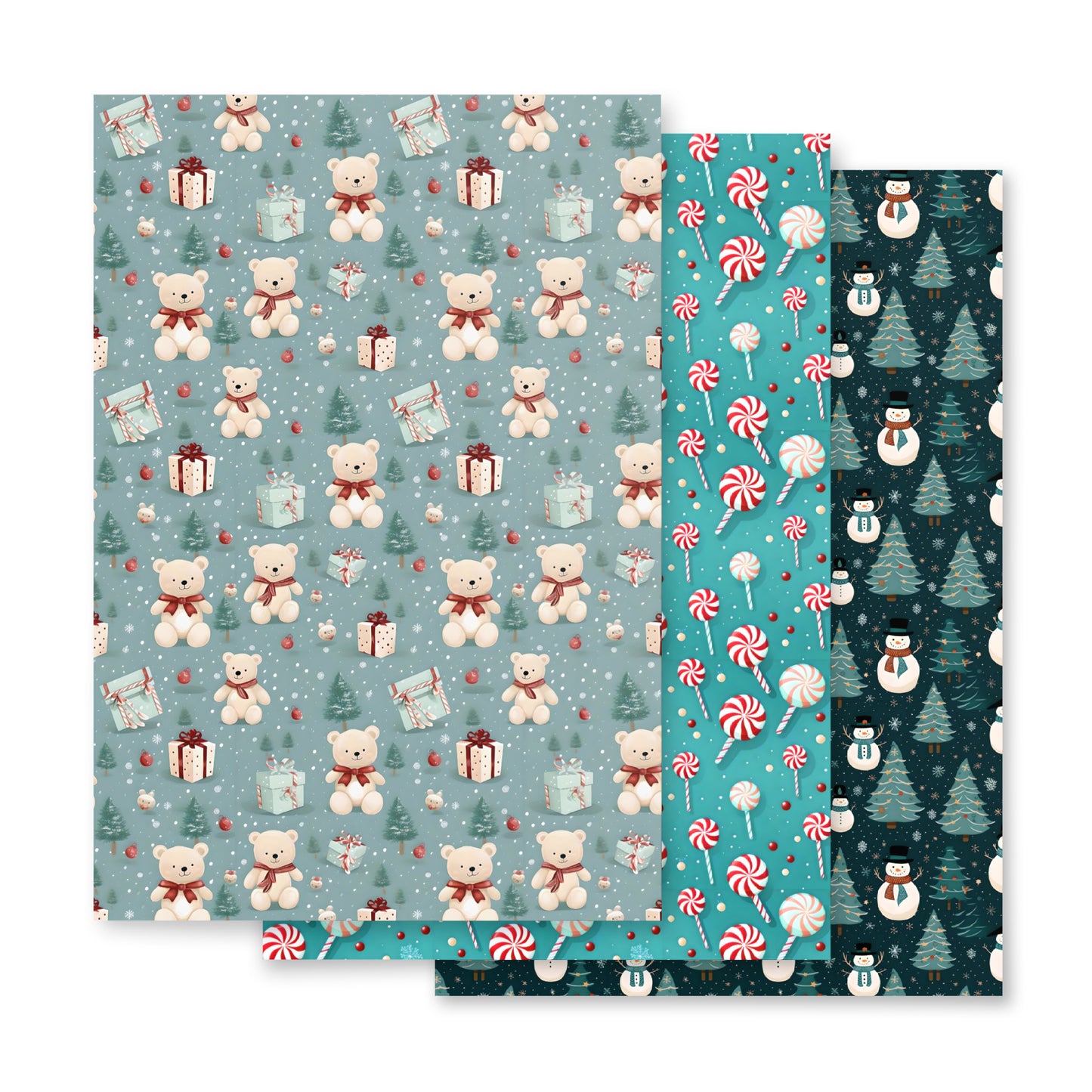 Christmas Wrapping Paper Sheets, Snowmen, Peppermint Candies and Teddy Bears 3 Piece Set