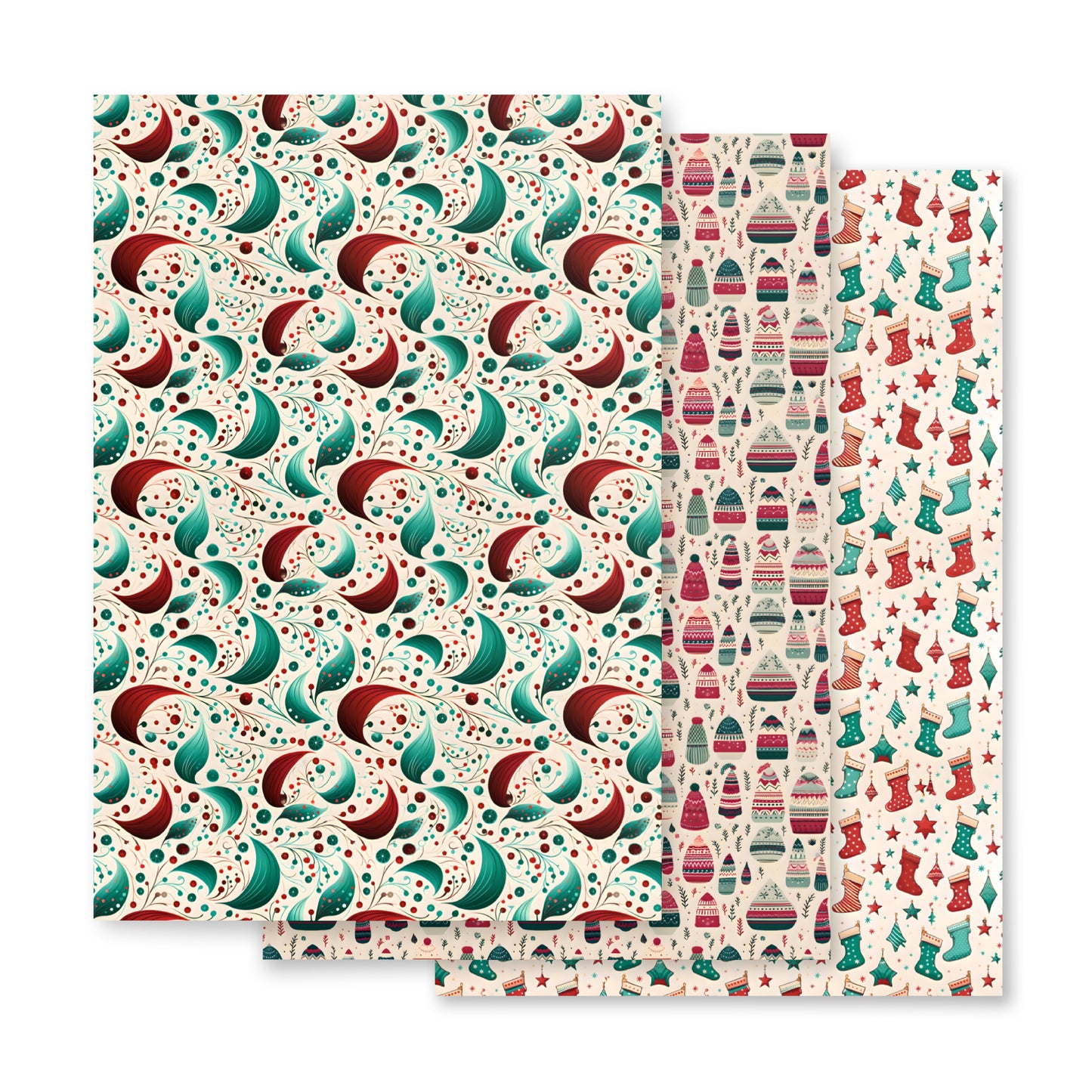 Winter Whimsy Hats - Stockings - Leaves Wrapping Paper Sheets