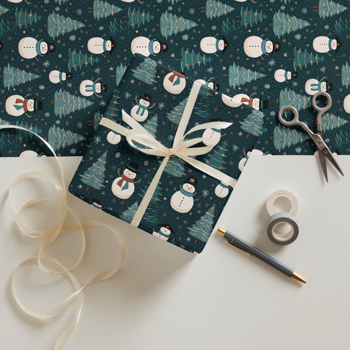 Christmas Wrapping Paper Sheets, Snowmen, Peppermint Candies and Teddy Bears 3 Piece Set