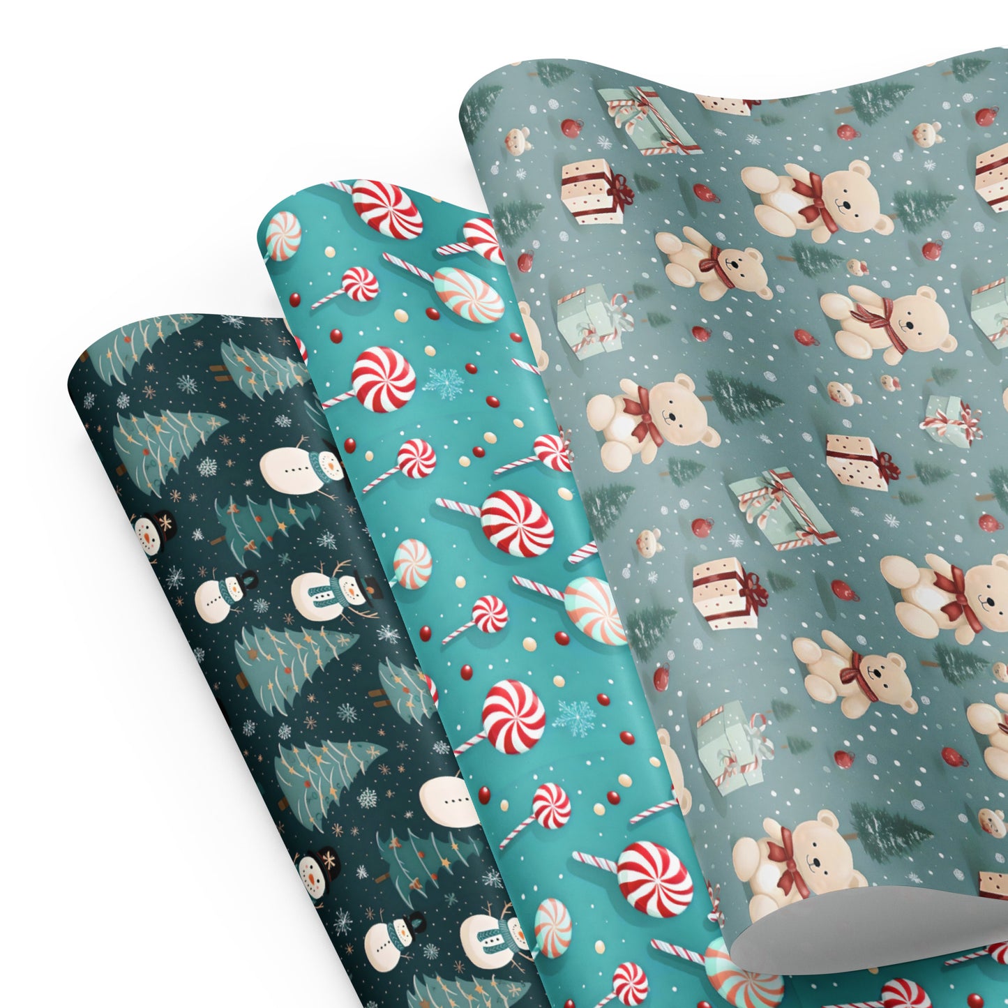 Christmas Wrapping Paper Sheets, Snowmen, Peppermint Candies and Teddy Bears 3 Piece Set