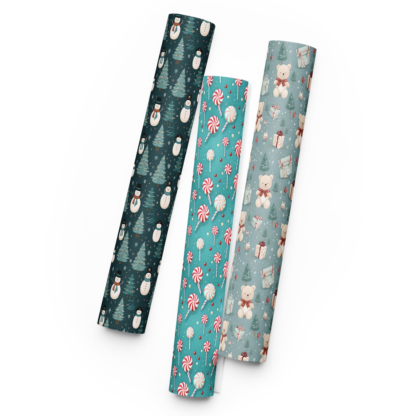 Christmas Wrapping Paper Sheets, Snowmen, Peppermint Candies and Teddy Bears 3 Piece Set