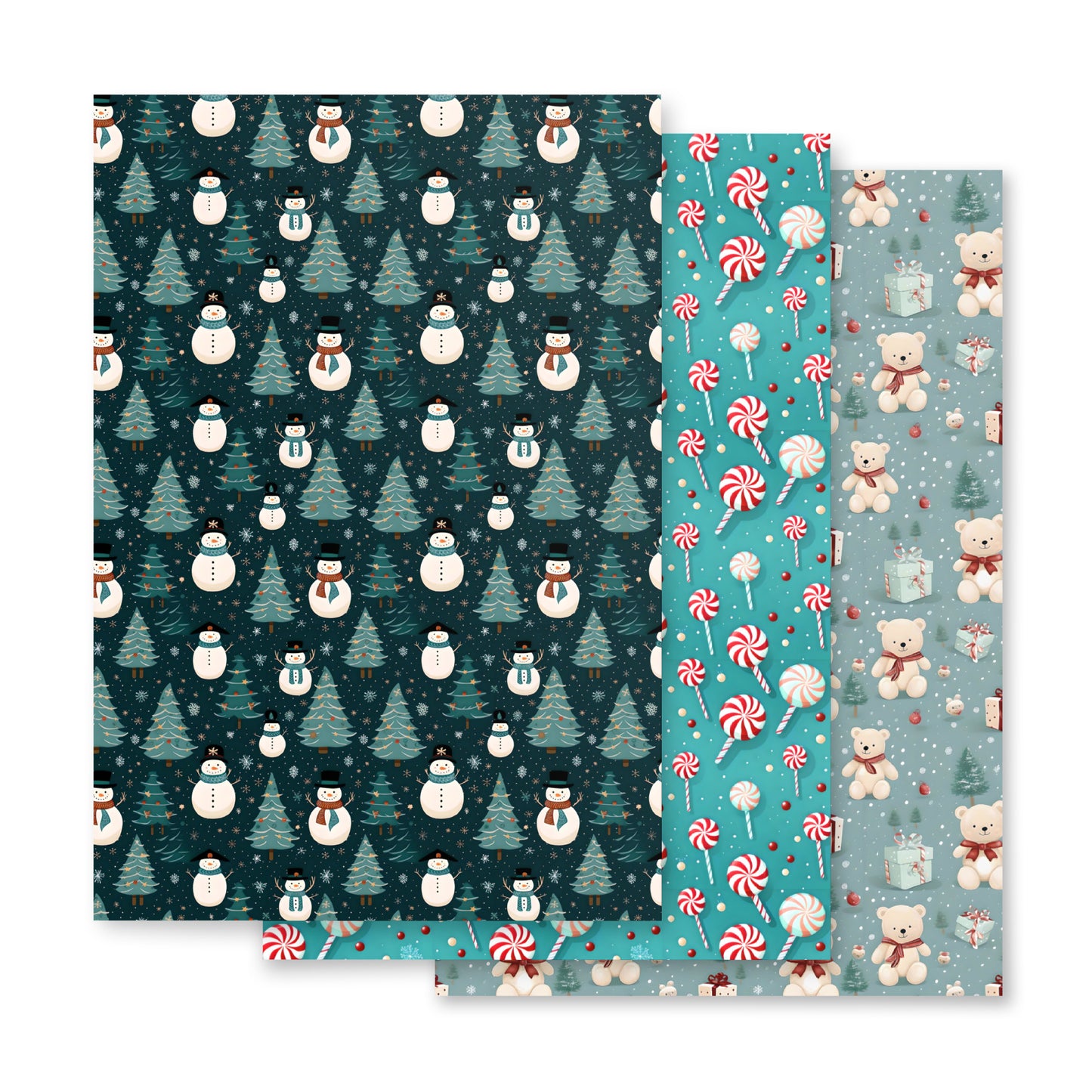 Christmas Wrapping Paper Sheets, Snowmen, Peppermint Candies and Teddy Bears 3 Piece Set