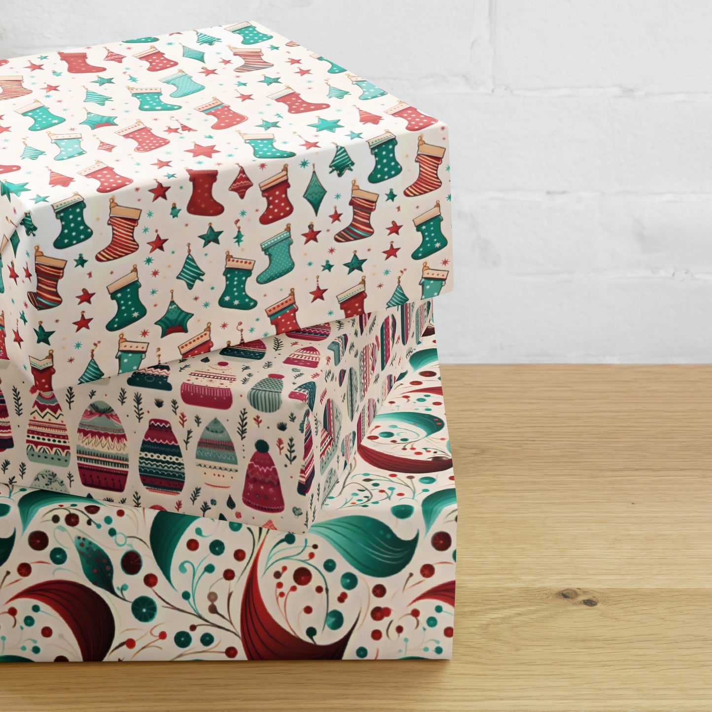Winter Whimsy Hats - Stockings - Leaves Wrapping Paper Sheets
