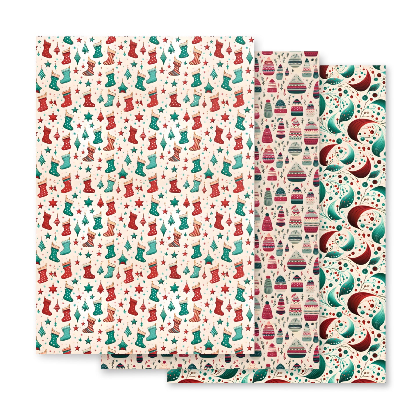 Winter Whimsy Hats - Stockings - Leaves Wrapping Paper Sheets