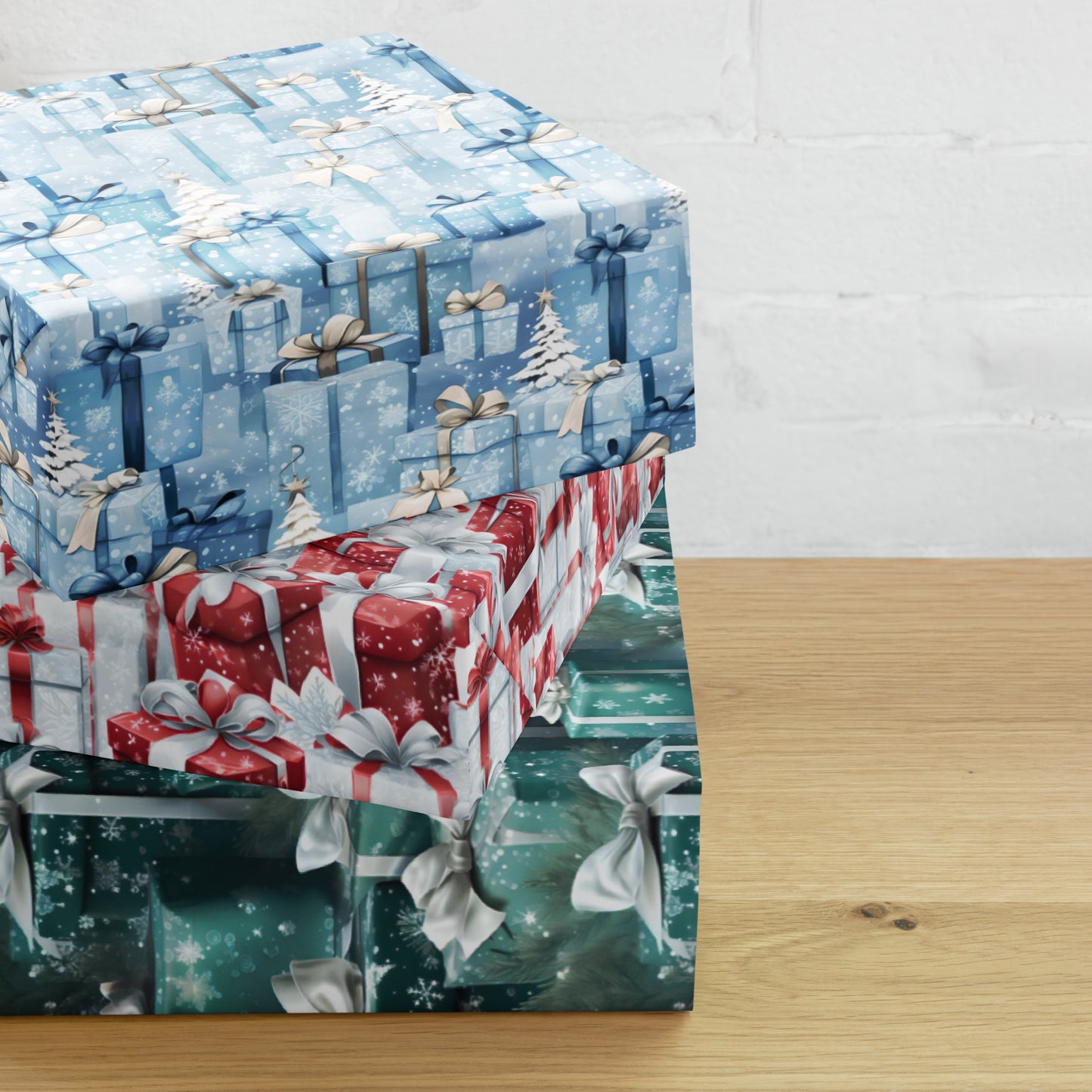 Stacks of Gifts Wrapping Paper Sheets Blue - Red - Green