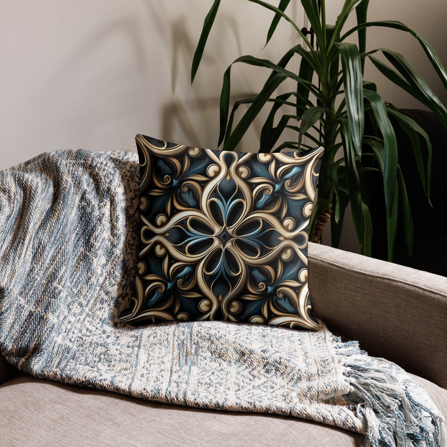 Blue and Gold Filigree Metallic Premium Pillow