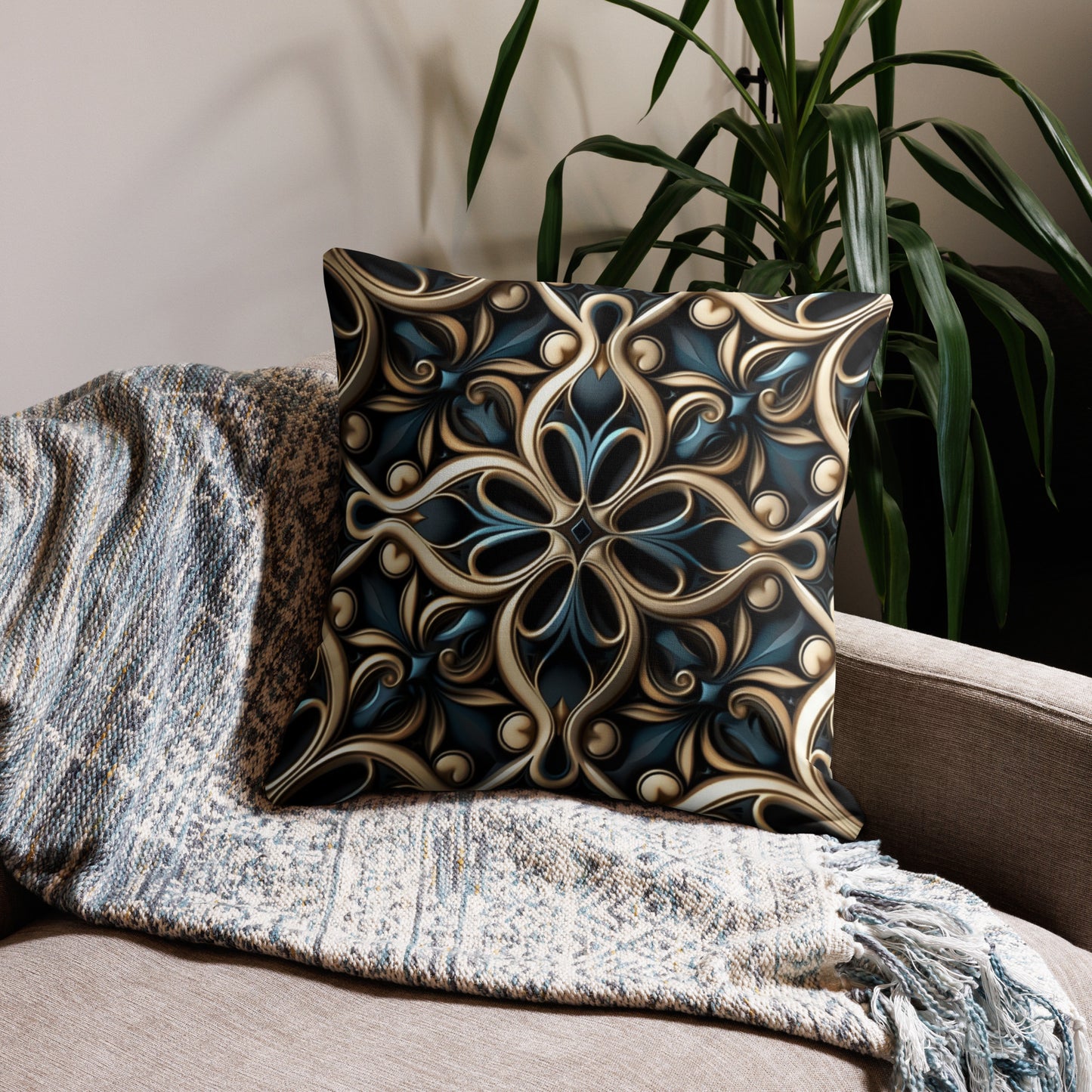 Blue and Gold Filigree Metallic Premium Pillow