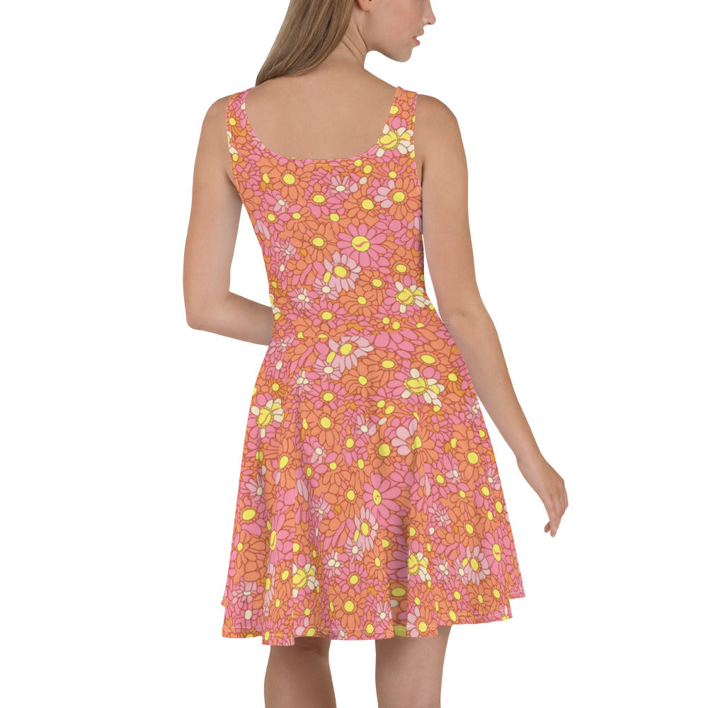 Retro Pink and Orange Daisy Print Skater Dress