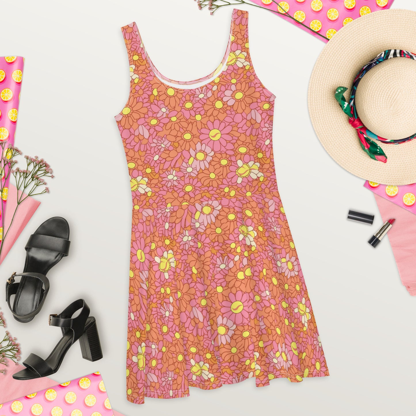 Retro Pink and Orange Daisy Print Skater Dress