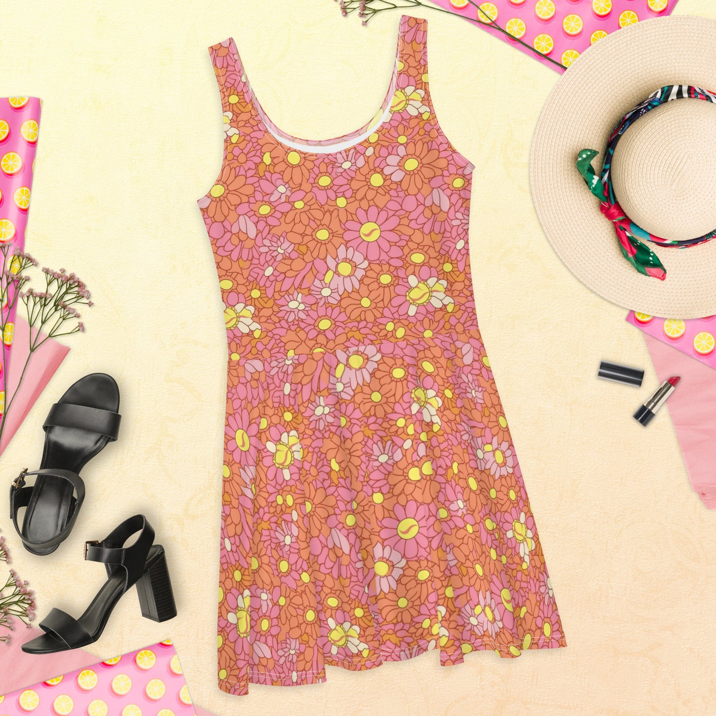 Retro Pink and Orange Daisy Print Skater Dress