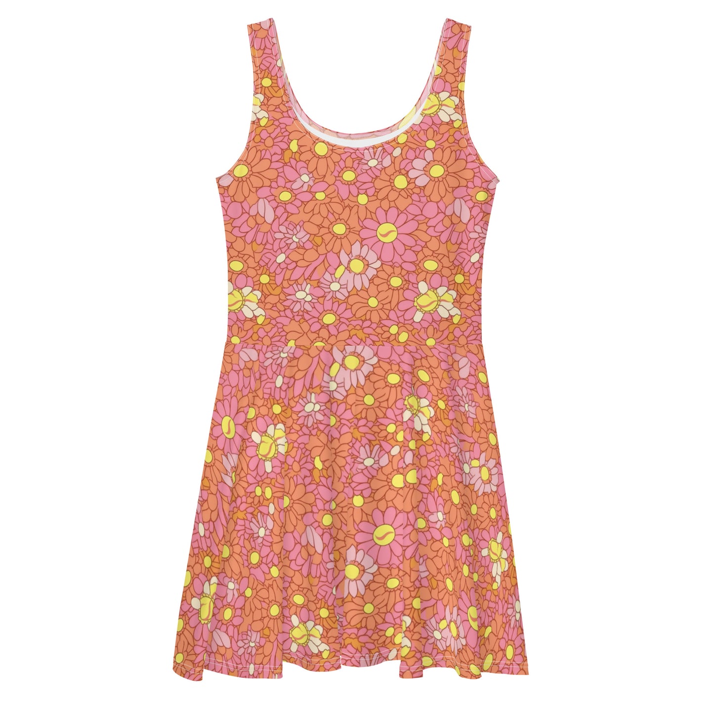 Retro Pink and Orange Daisy Print Skater Dress