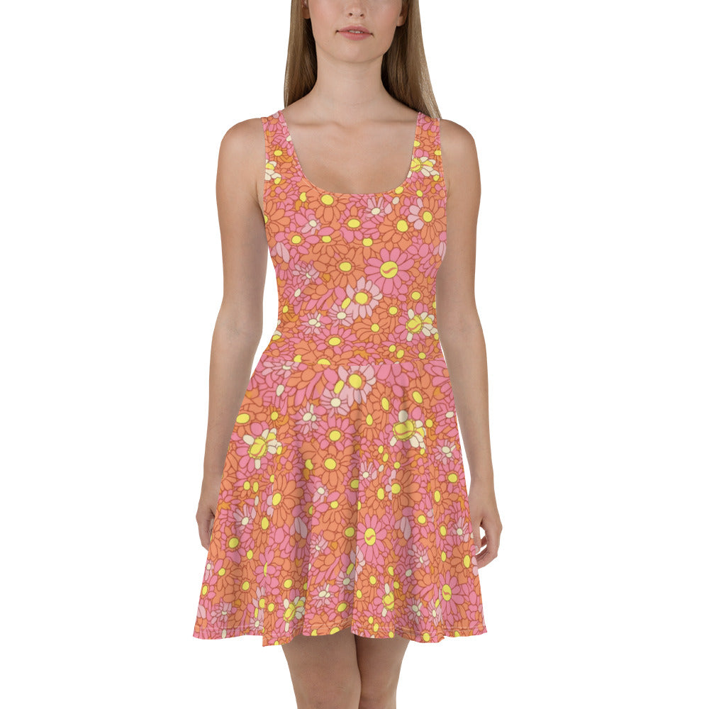 Retro Pink and Orange Daisy Print Skater Dress