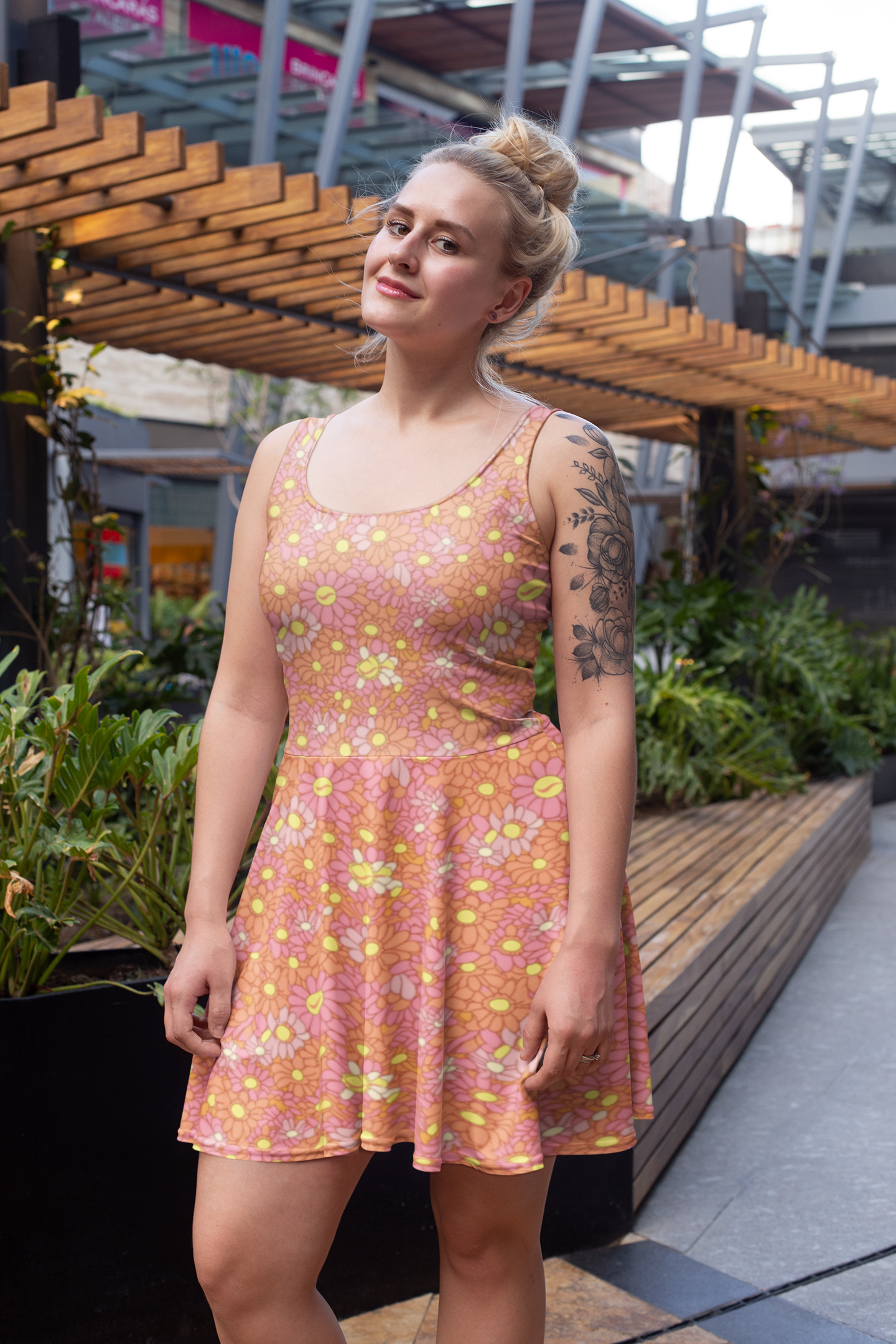 Retro Pink and Orange Daisy Print Skater Dress