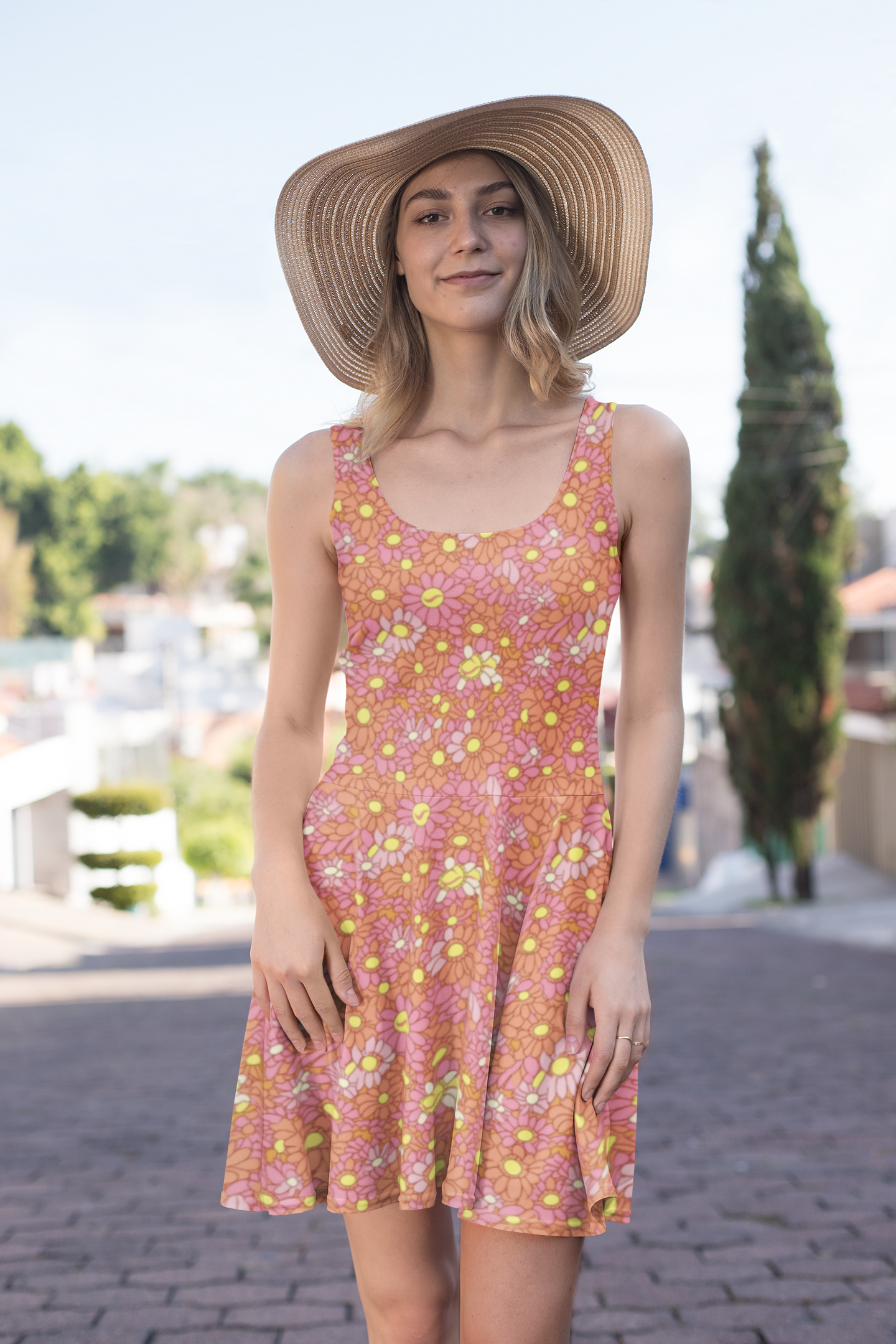 Retro Pink and Orange Daisy Print Skater Dress