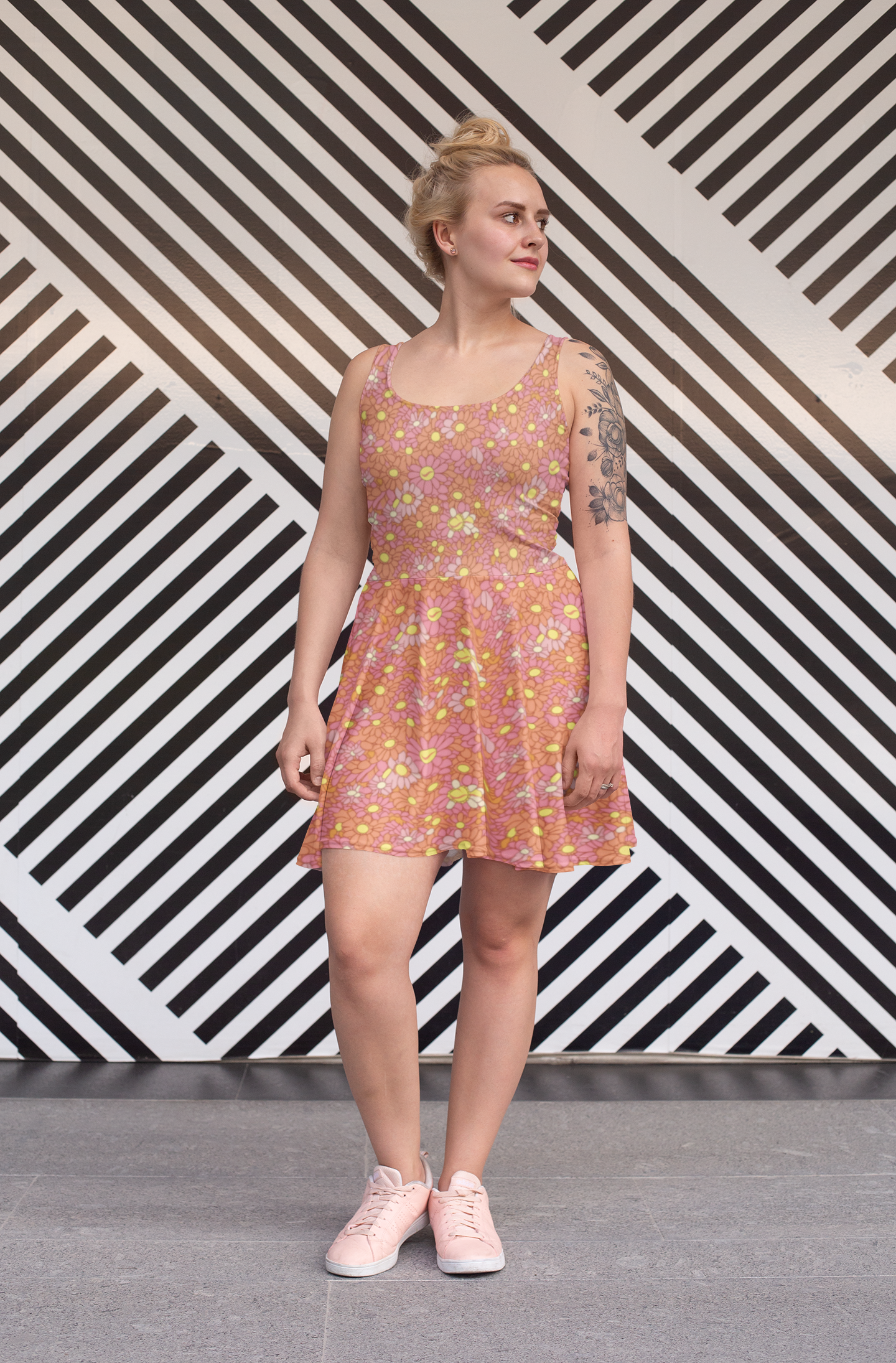 Retro Pink and Orange Daisy Print Skater Dress