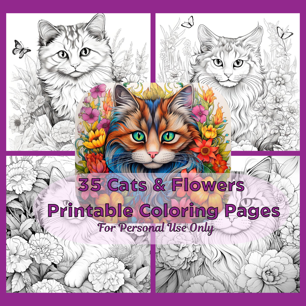 Cats & Flowers Coloring Book Pages Digital Download