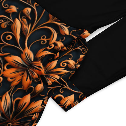 Black and Orange All-Over Print Long Sleeve Midi Dress with Pockets