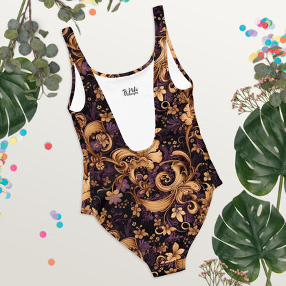 Victorian Elegance Purple and Gold One-Piece Swimsuit