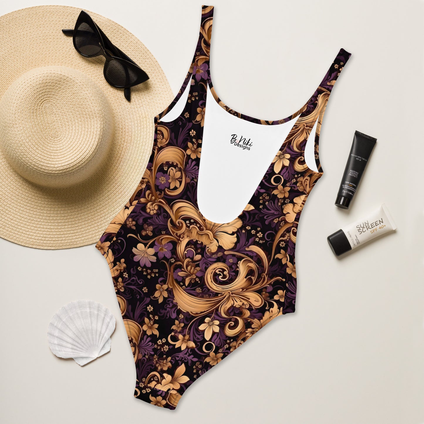 Victorian Elegance Purple and Gold One-Piece Swimsuit