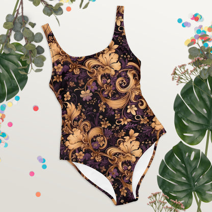 Victorian Elegance Purple and Gold One-Piece Swimsuit