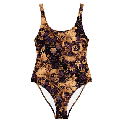 Victorian Elegance Purple and Gold One-Piece Swimsuit