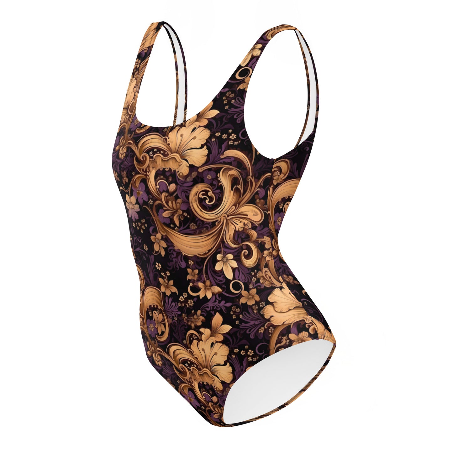 Victorian Elegance Purple and Gold One-Piece Swimsuit