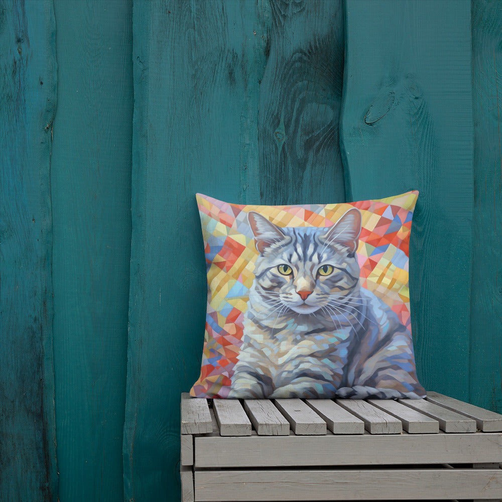 Oscar - Grey Tabby Cat on a Quilt Pillow