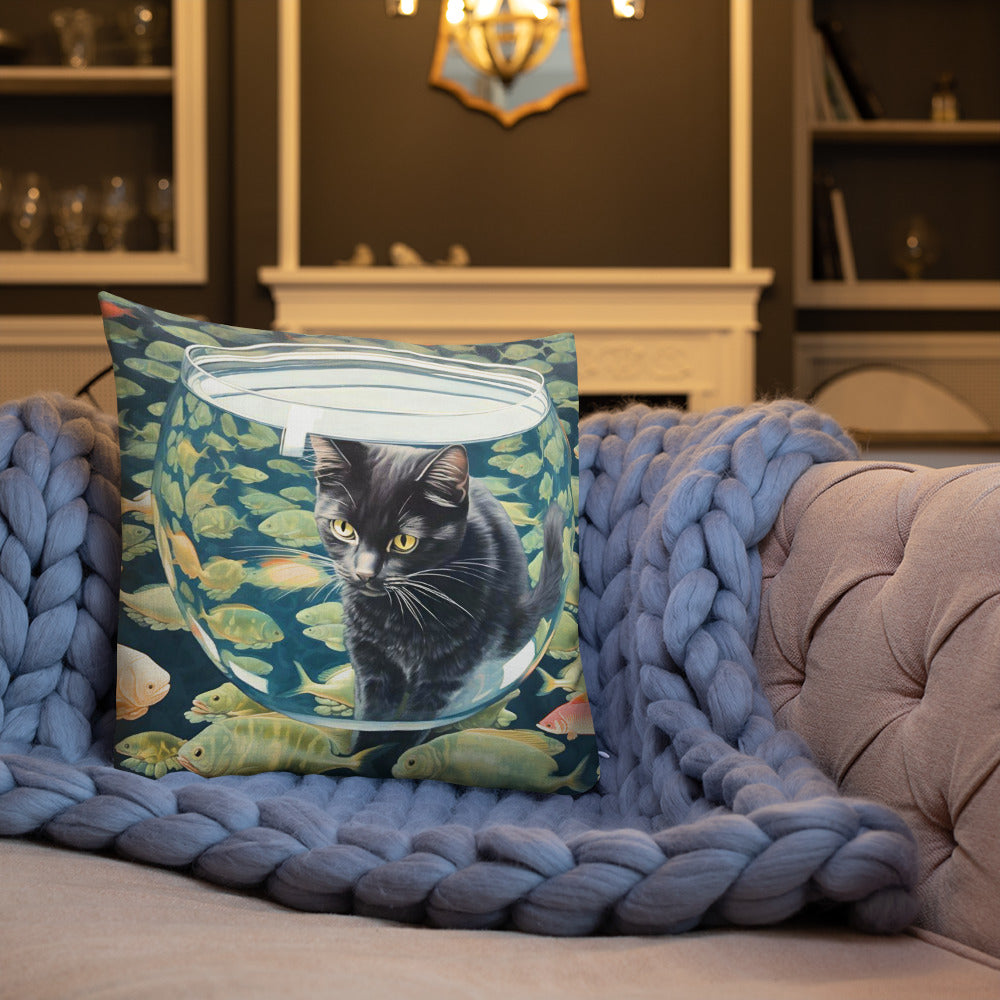 Alice - Black Cat Watching a Fishbowl Pillow