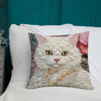 Luna, The Regal Feline White Cat Premium Pillow