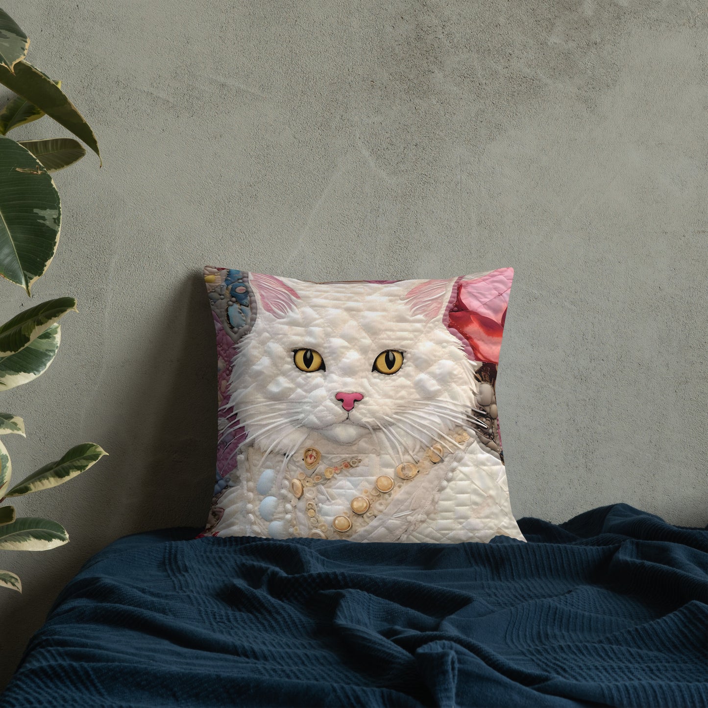 Luna, The Regal Feline White Cat Premium Pillow