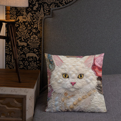 Luna, The Regal Feline White Cat Premium Pillow
