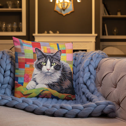 Bessie - Grey & White Cat on a Quilt Pillow
