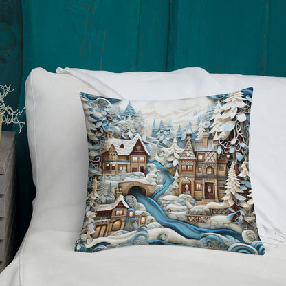 Winter Village Scene Premium Pillow