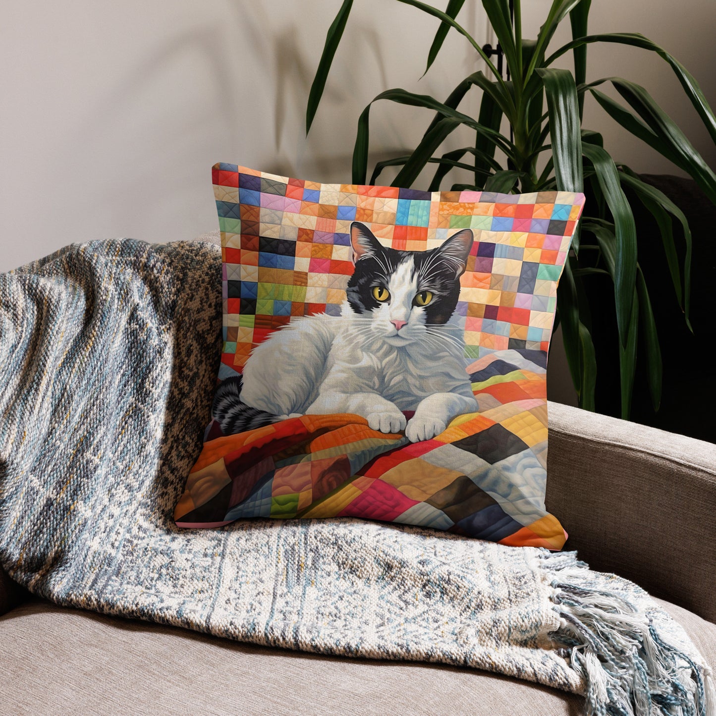 Beau - Tuxedo Cat on a Quilt - Pillow