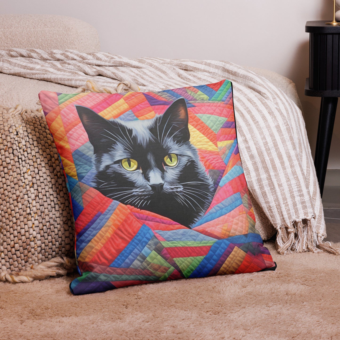 Poupon - Black Cat on a Quilt Pillow