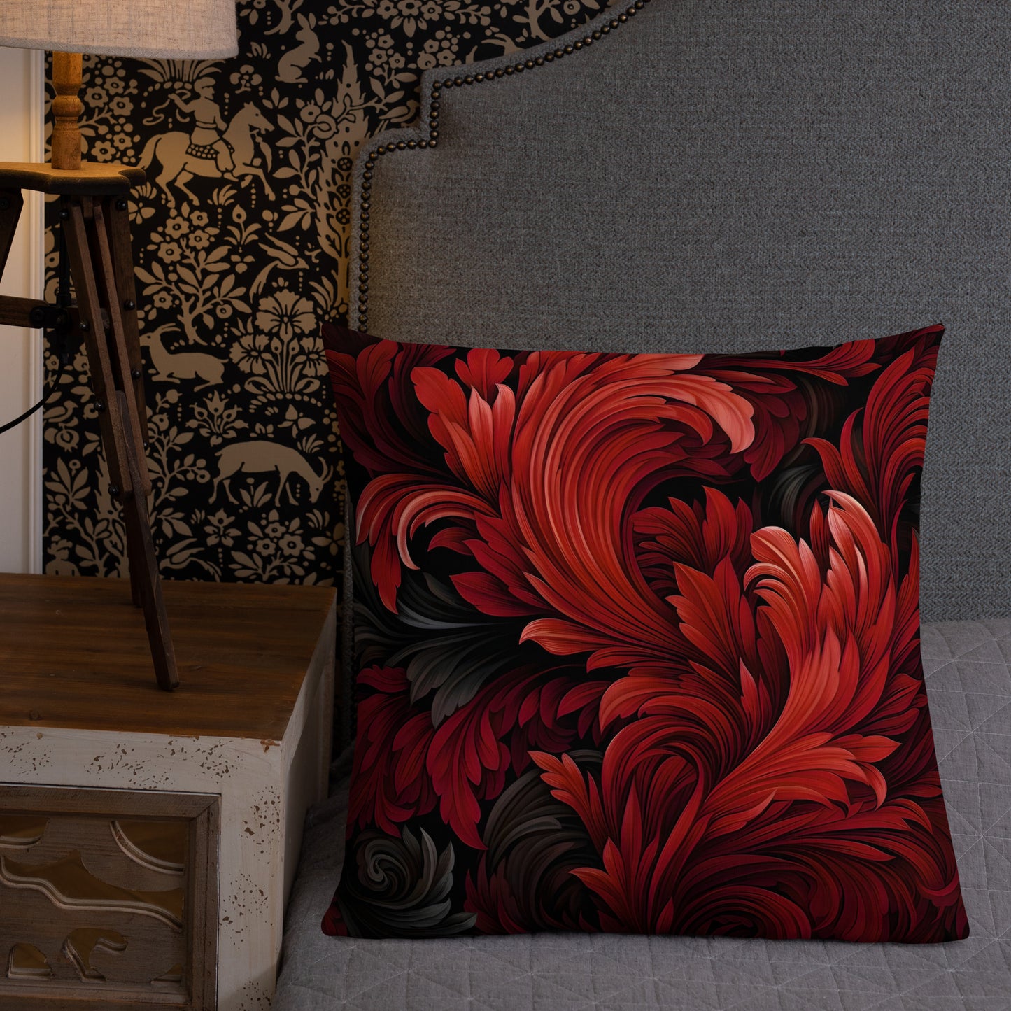Red and Black Swirling Leaves Premium Pillow