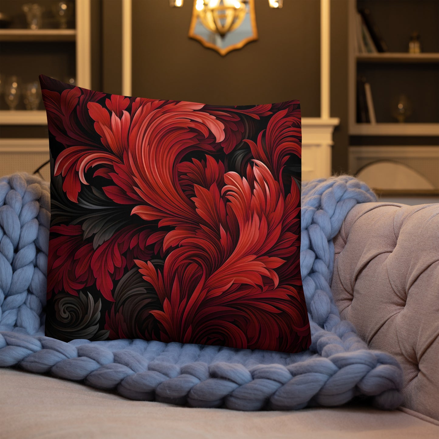 Red and Black Swirling Leaves Premium Pillow