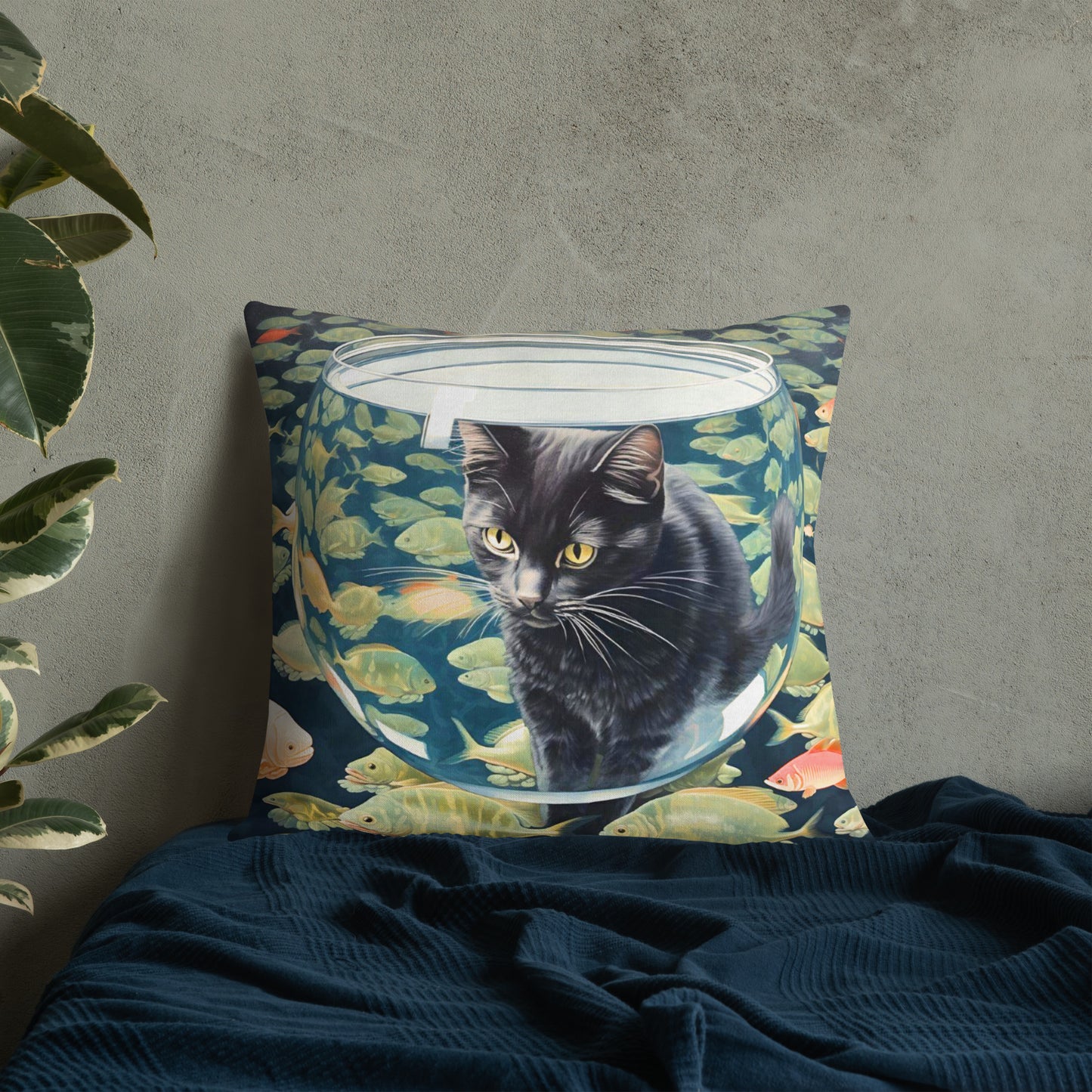 Alice - Black Cat Watching a Fishbowl Pillow