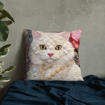 Luna, The Regal Feline White Cat Premium Pillow