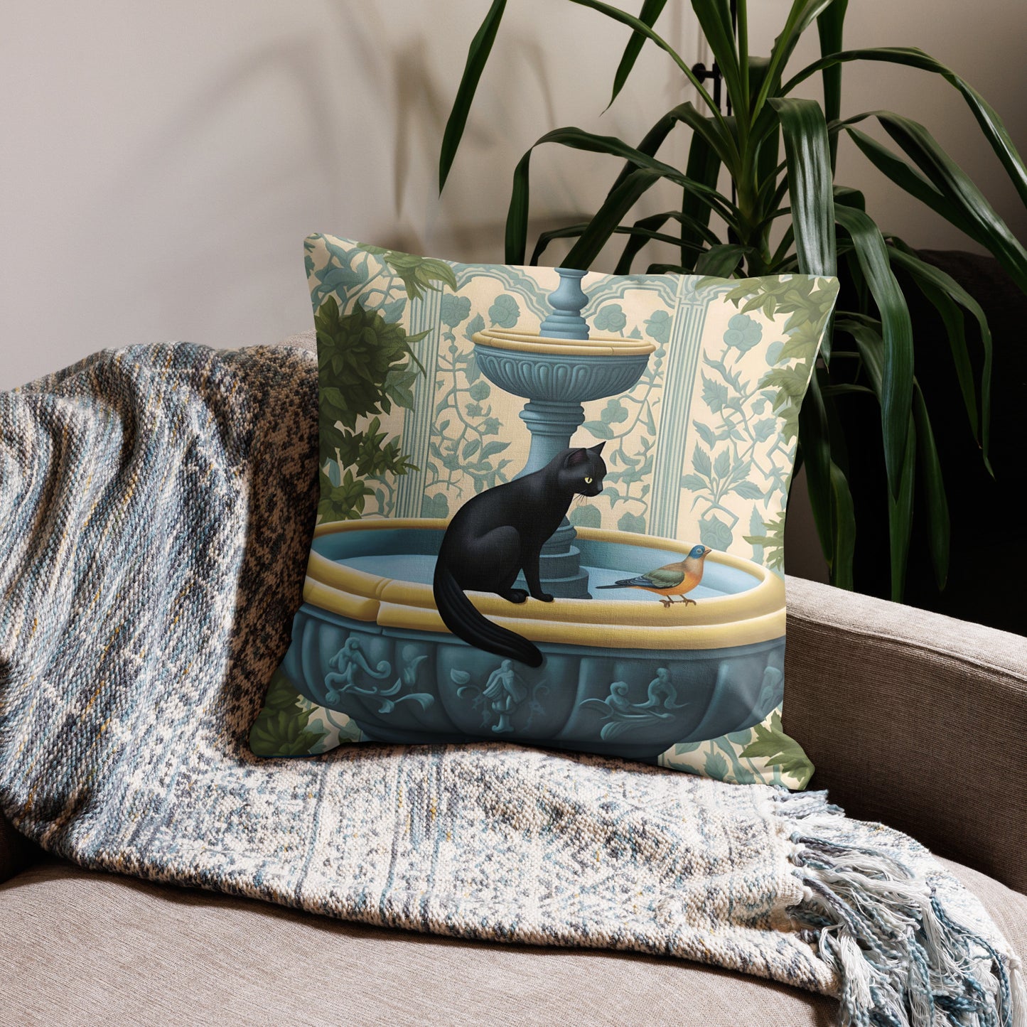 Gypsy - Black Cat on a Birdbath  Pillow