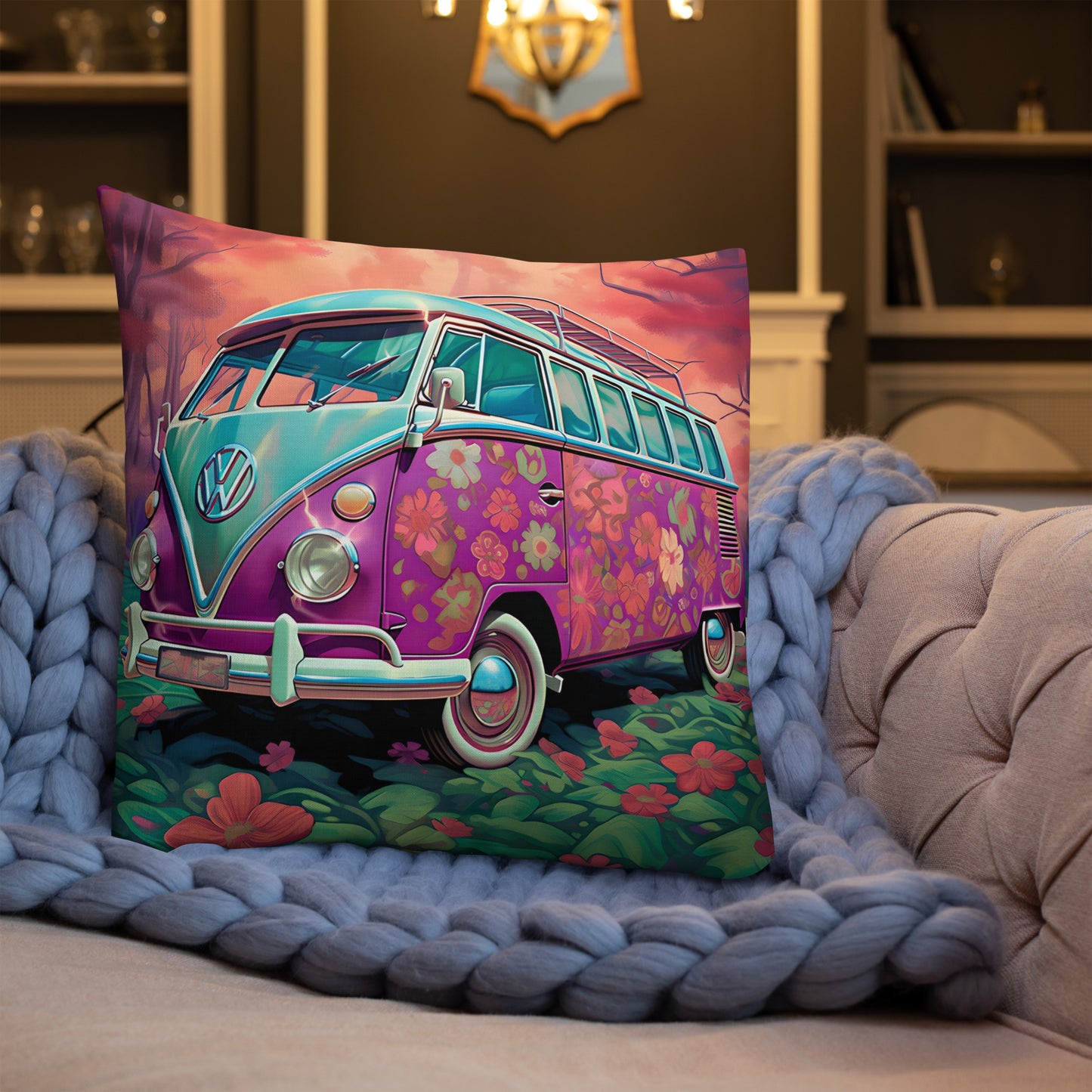 Retro Floral Boho Bus Premium Pillow