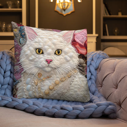 Luna, The Regal Feline White Cat Premium Pillow